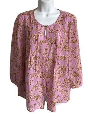 J. Jill Women’s M Pink Floral Cotton Pintuck LS Button Front Peasant Blouse EUC